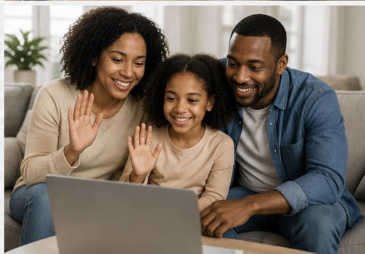A family smiling and waving during a virtual telehealth appointment together