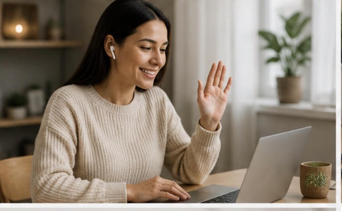 A smiling patient waving hello to her provider during a telehealth video visit